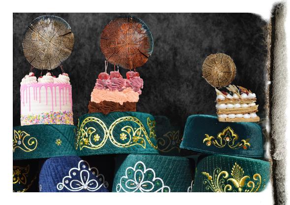 cake hats and wood photomontage
